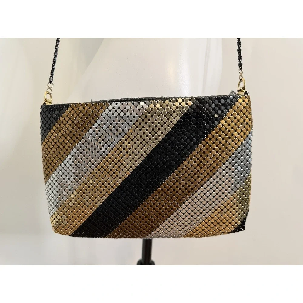 Vintage 70 80s Gold Black Bronze Silver Mesh Stripe Purse Bag Clutch Cross Body